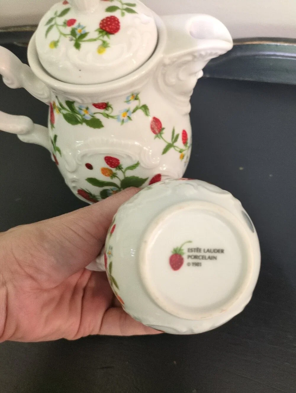 Vintage Estee Lauder Mini Tea Pot And Creamer Strawberries 1981